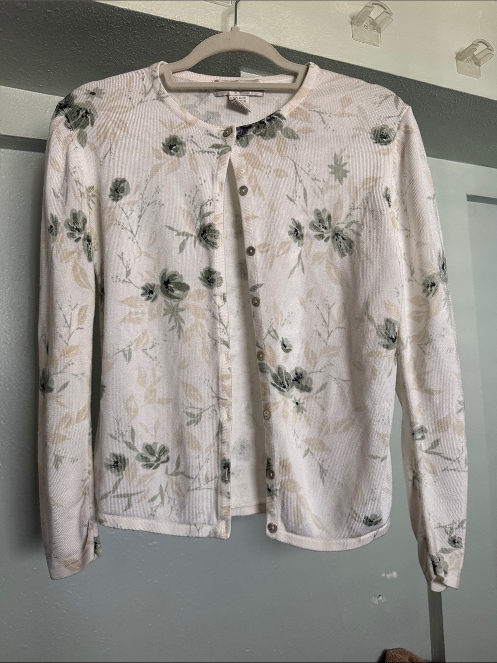 Casual Corner Cream Cardigan with Sage Floral Print